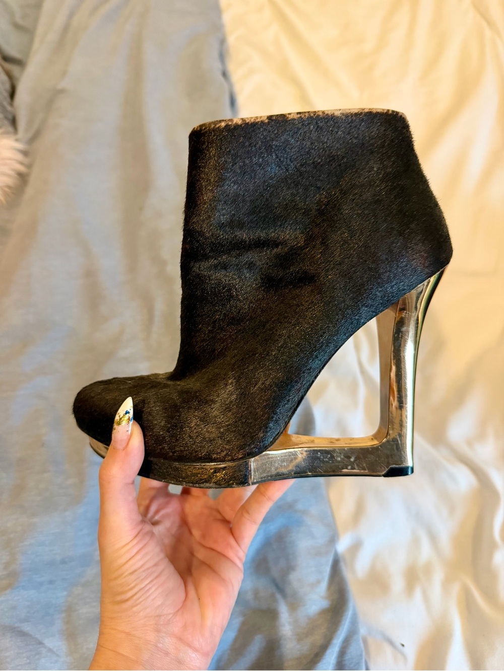 Women's Black Ankle Bootie with Gold Wedge Heel - Picture 2 of 3